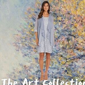 R&M Richards Gray Lace Dress with Sheer Detail